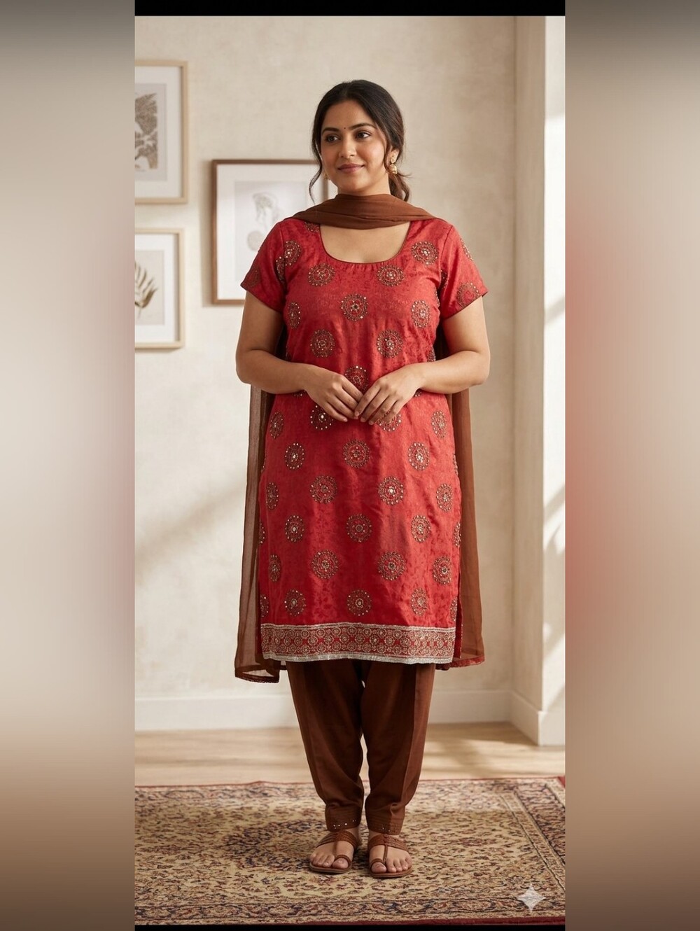 Women’s Embroidered Red Short-Sleeve Salwar Kamiz  with Brown Dupatta
